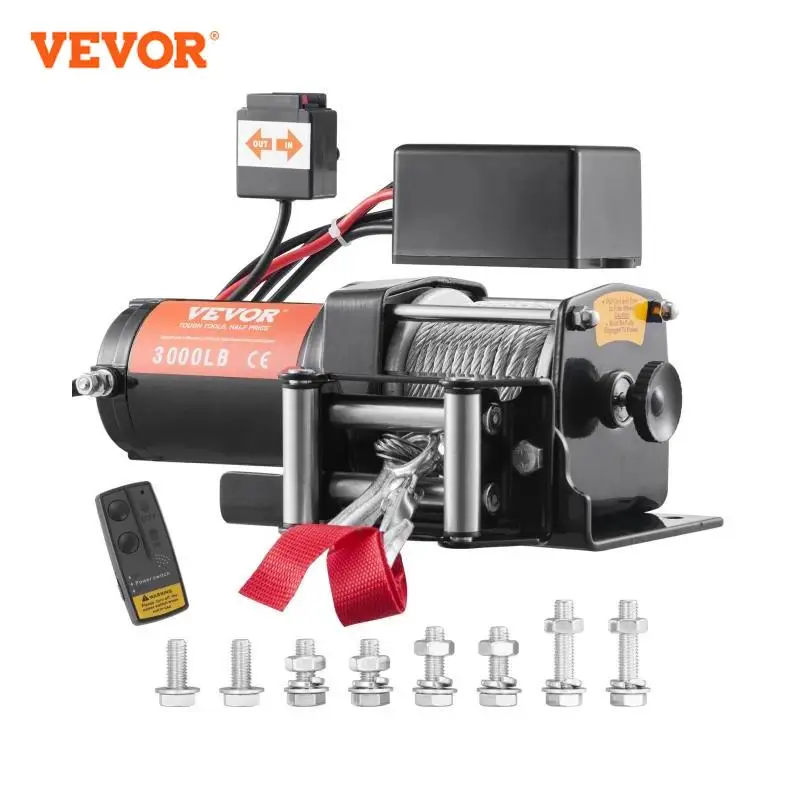 VEVOR 12V 3000lbs Electric Winch ATV Steel Rope Winch w/Wireless Handheld Remote & 4-Way Fairlead for Towing Jeep Off-Road SUV