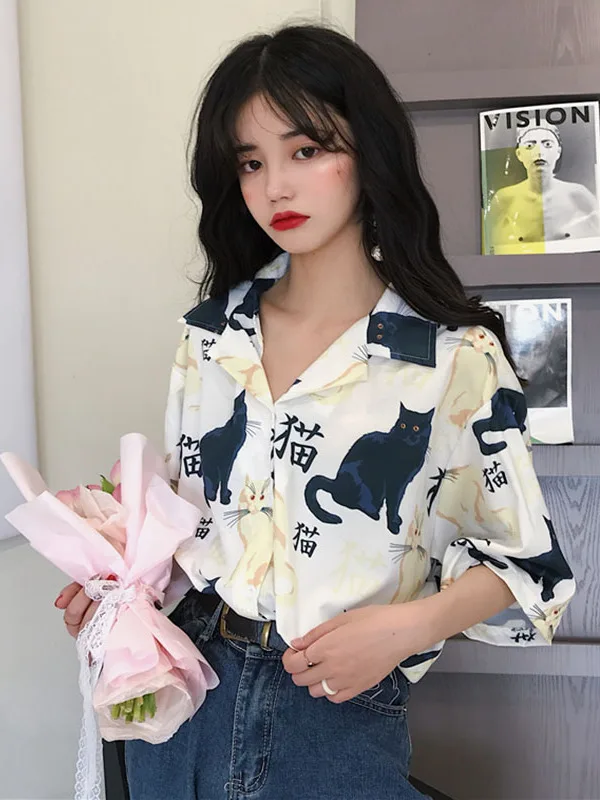 Verão 2025 Estilo Retrô Hong Kong Estampa Solta Camiseta Coreana Corte Reto em Algodão para Meninas Adolescentes