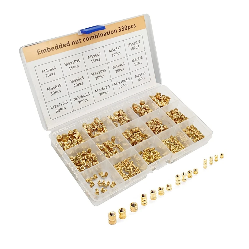 330 Pcs Brass Threaded Insert Nuts M2 M3 M5 Female Thread Knurled Nut Inserts Embedment Nut for 3D Printing Part [No.3 Elnic]