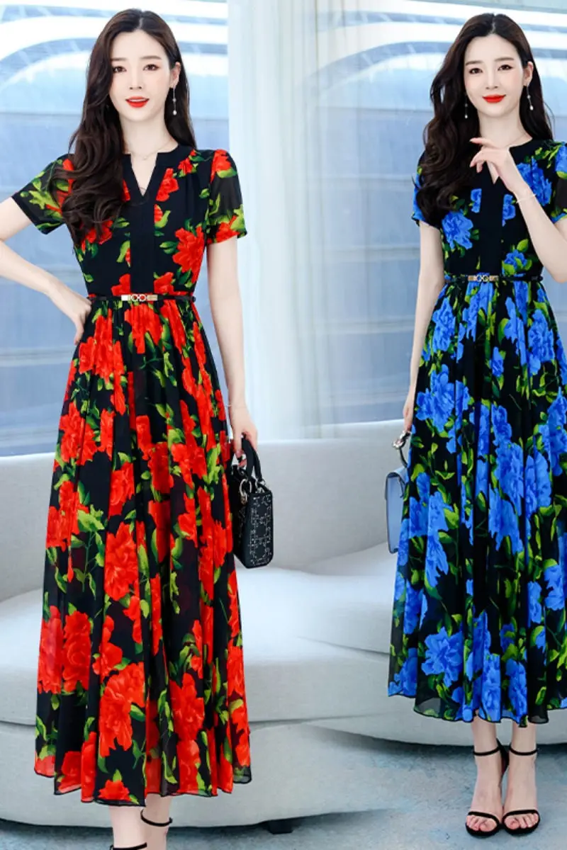 Printed Boho Chiffon Dress For Women Summer 2023 Fashion Slimming High-End V-Neck Short Sleeve Vintage Elegant Dresses Z1287