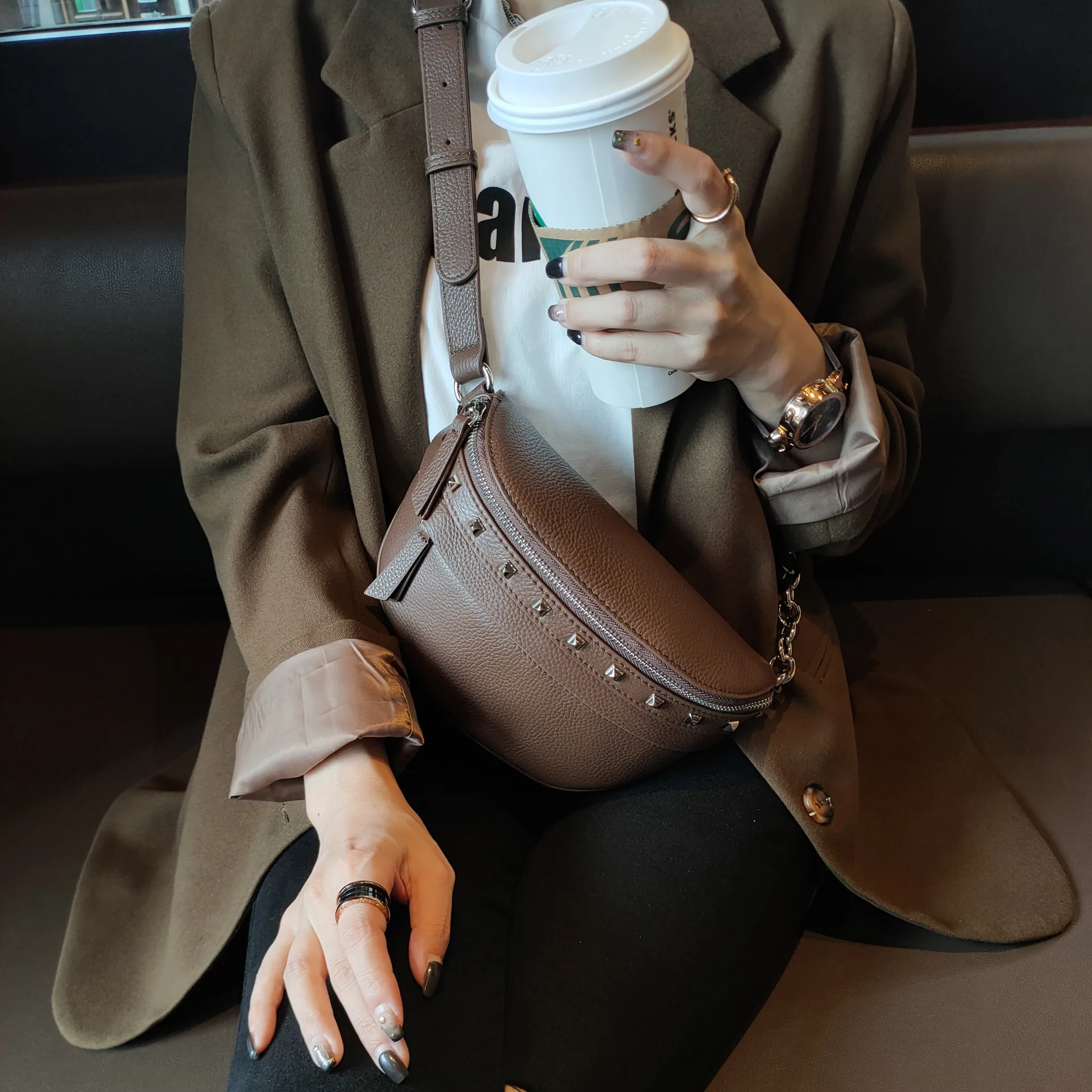 Genuine leather saddle bag female Korean version soft leather chest bag ins youth willow studs crossbody waist bag for women