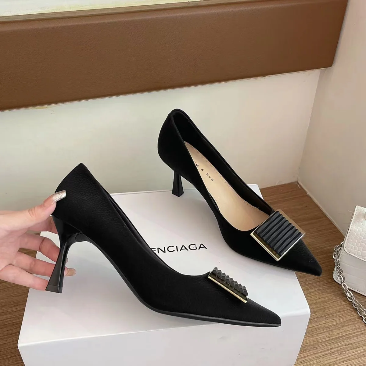 Shoes for Woman 2024 Office High Heels Women\'s Summer Footwear Pointed Toe Formal Black on Heeled Pumps Stylish Genuine Mark A E