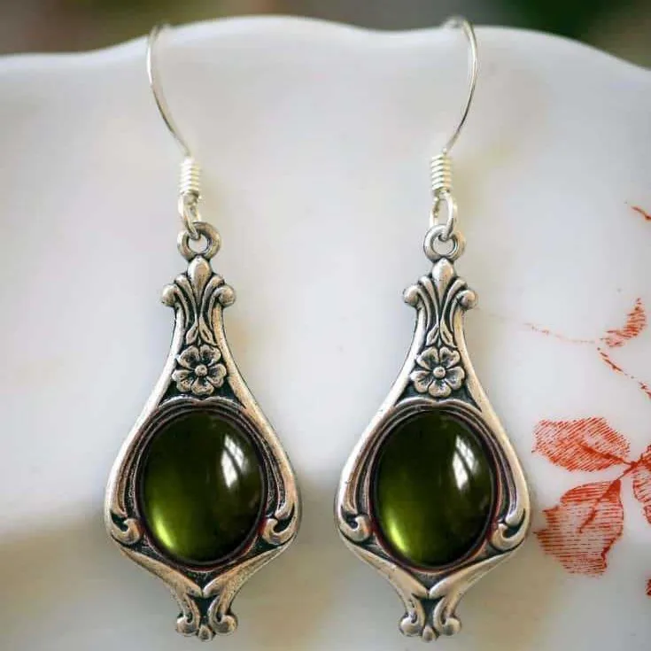 Green Cameo engraved earrings,vintage jewelry,flowers,relief,Victorian, mystery,Gothic,witch accessory,pagan,ear hook For Women