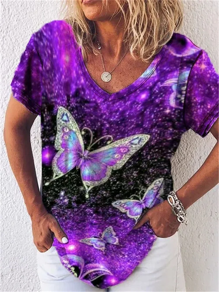 3D Butterfly Print Women T-Shirts Short Sleeve Oversized Summer Tee Loose Casual Basic Tops Female V-Neck Street T-Shirt Top