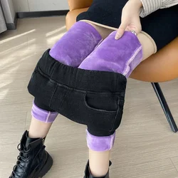 Autumn Winter Women's Fleece Thickened Jeans Elastic High Waist Skinny Fashion Korean Ankle Length Pencil Pants Black Blue