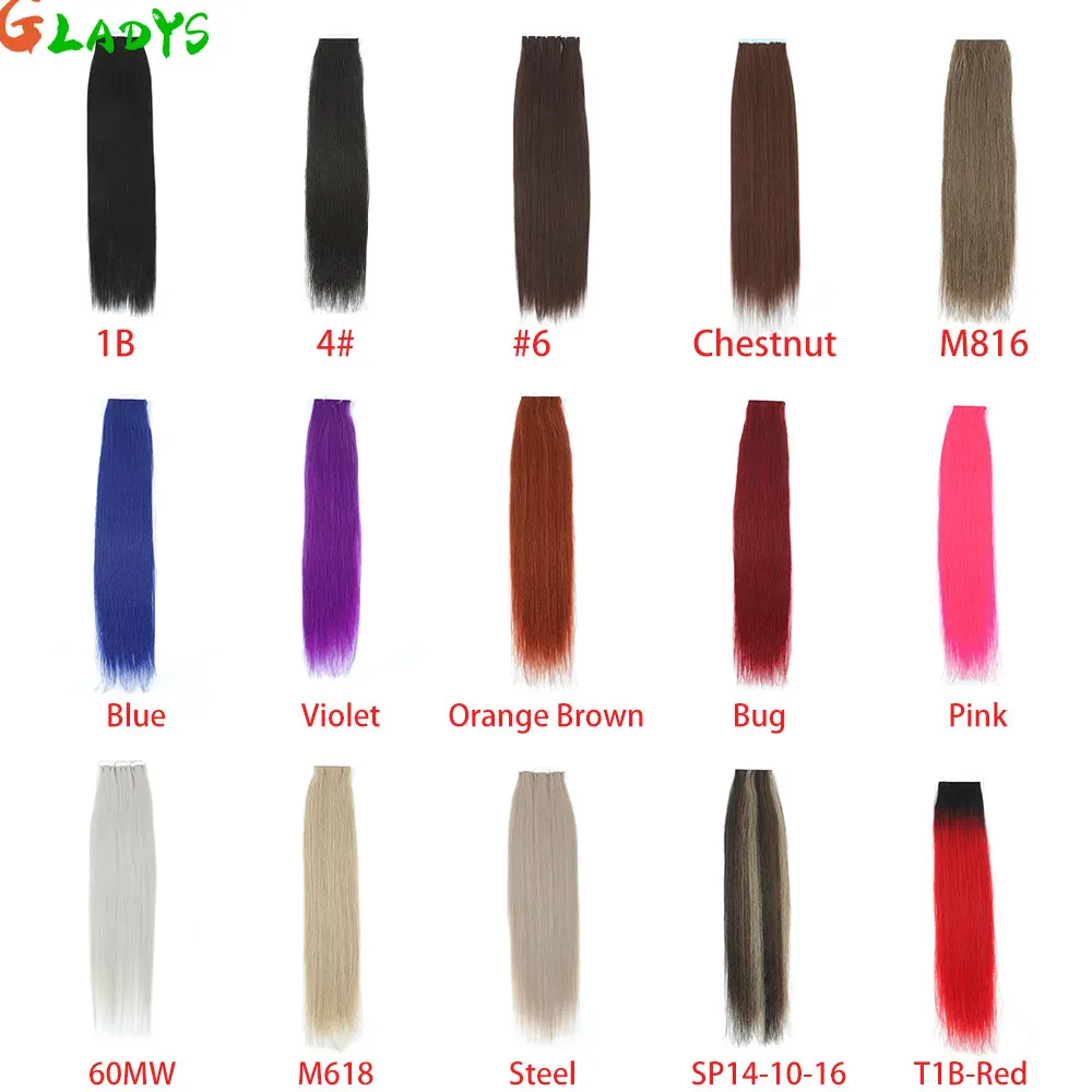 ผมต่อแบบเทป Gladys สีชมพูสังเคราะห์ตรง 50 กรัม/แพ็ค ใยทนความร้อนสูง เทปกาวสองด้าน