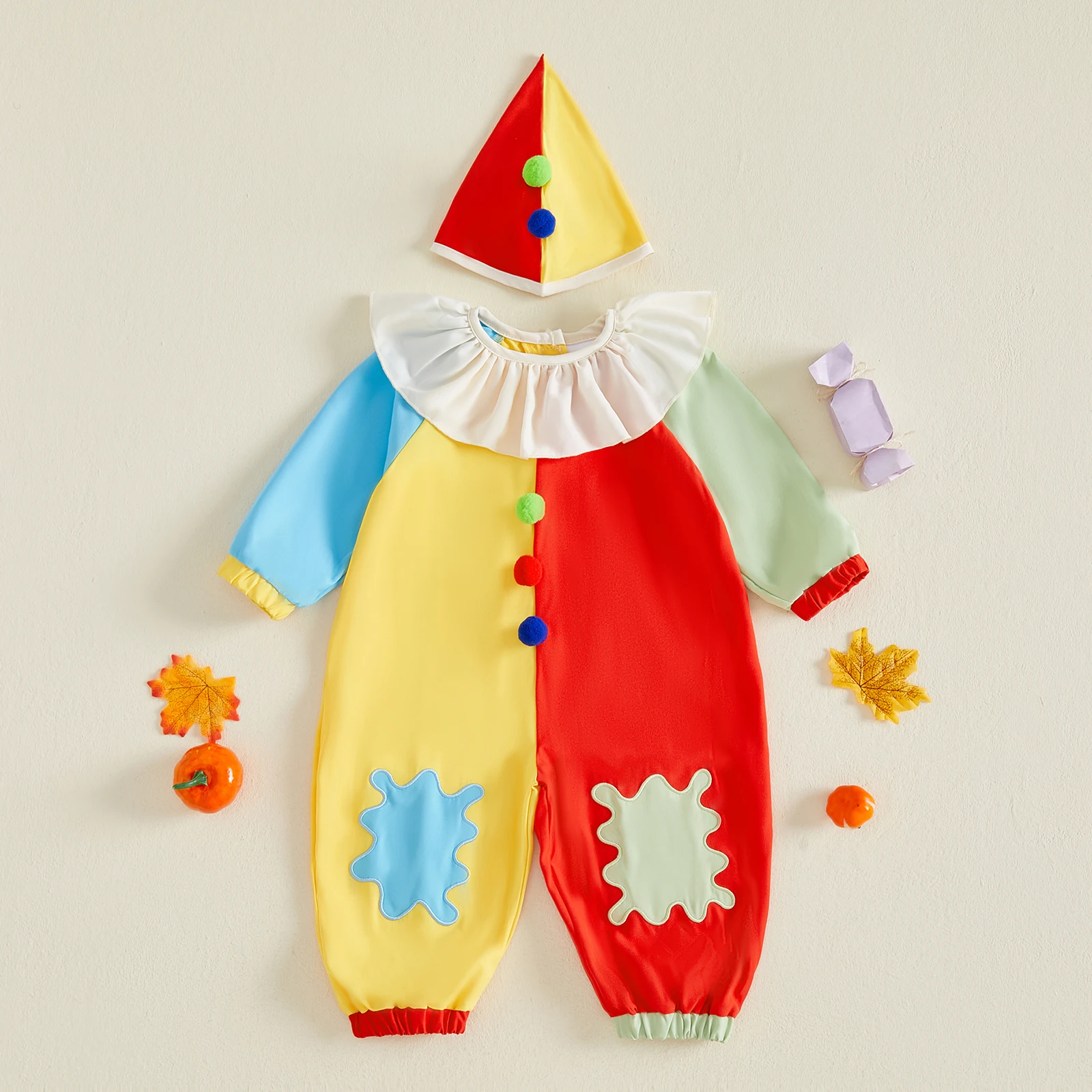 1-5T Baby Boy Halloween Clown Costume Contrast Color Long Sleeve Jumpsuit Hat Performance Rompers Overalls Costume
