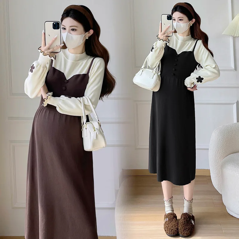 Maternity Dress Autumn And Winter Crew Neck A Line Long Sleeve Color Block Elegant Printed Fake Two Piece Thick Knitted Dress