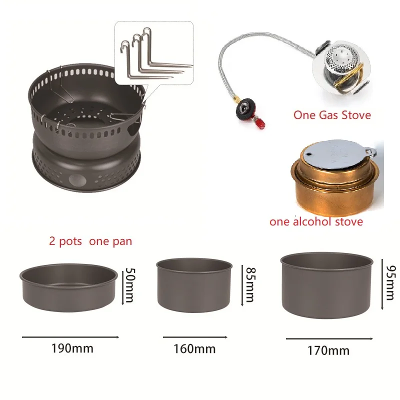 Neues Camping XBL100-Q1 Kochsystem-Set mit 2 Töpfen und 1 Pfanne, Gas- und Alkoholkocher Optional – Detail 10