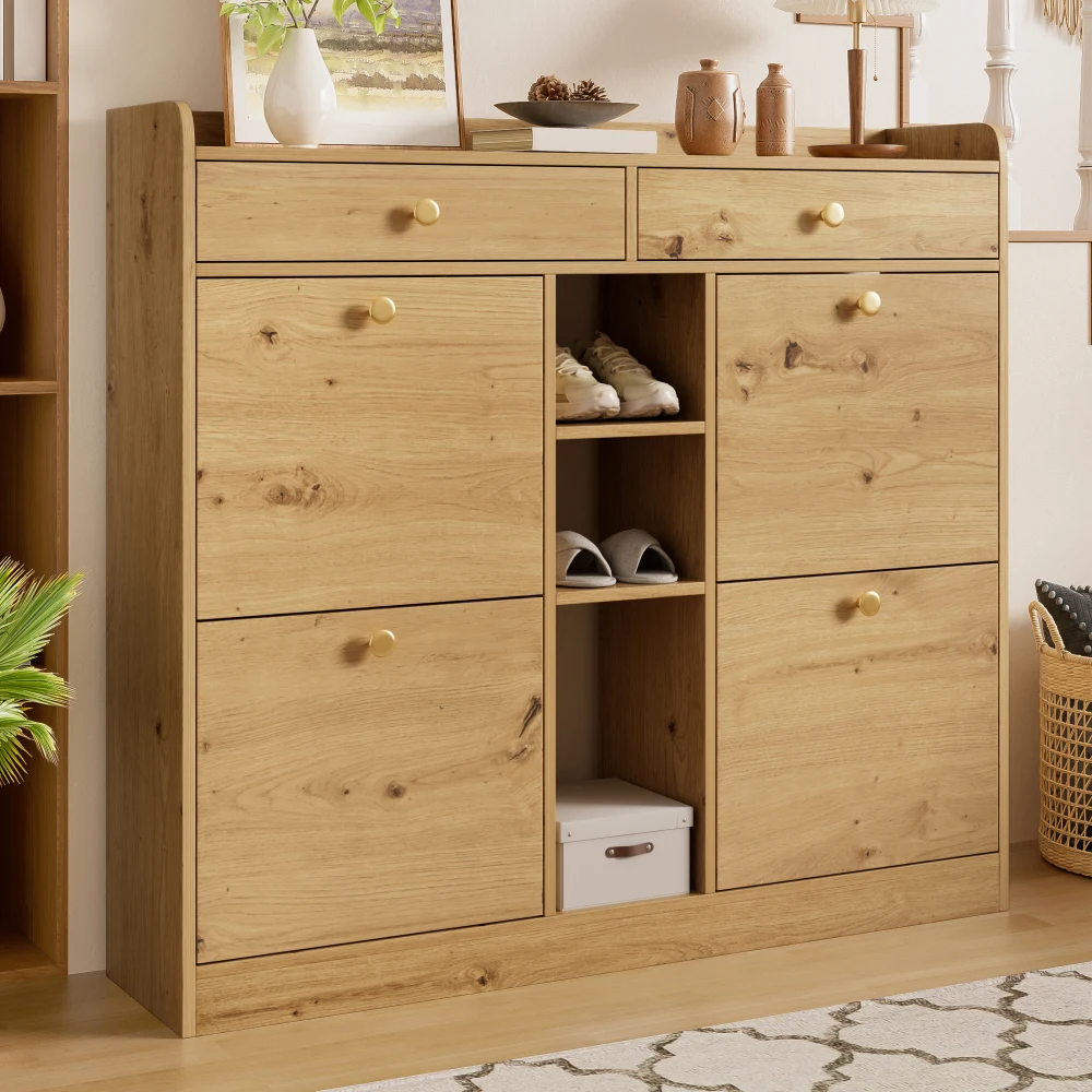 Elegante Zapatero de Madera de 110 x 26 x 100 cm con 4 Puertas Plegables, 2 Cajones, 3 Compartimentos Abiertos, para Entradas y Pasillos Modernos