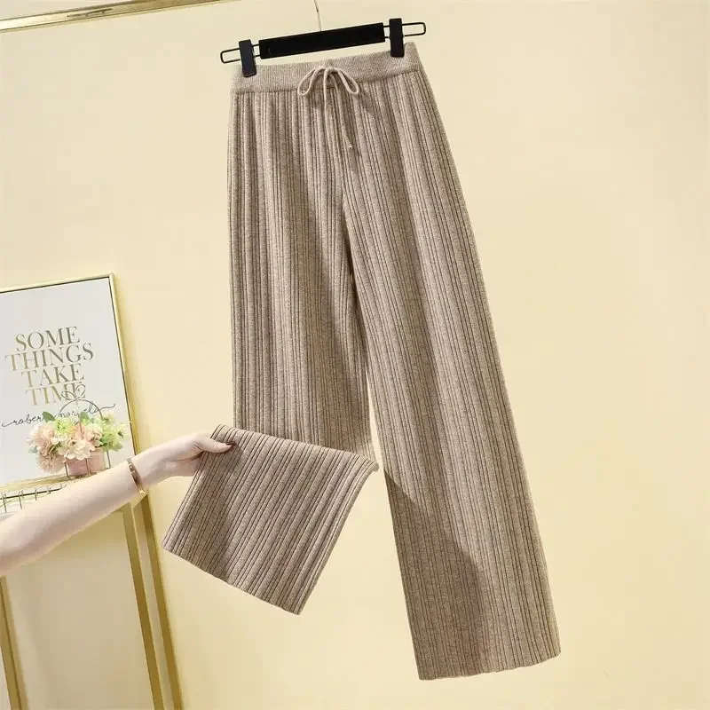 

Spring and Autumn High Waist Straight Leg Wide Leg Pants Women's Drawstring Lace Knitted Pants