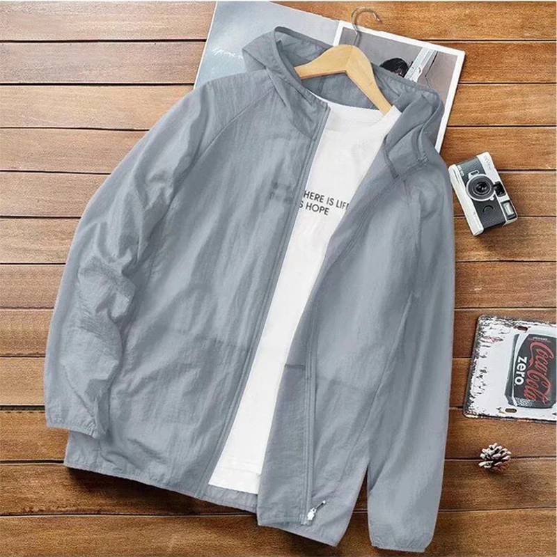 Mens Hooded UV Sun Protection Jacket Light Breathable Zip Windbreaker Outdoor Running Cycling Travel Casual Sunscreen Skin Coats