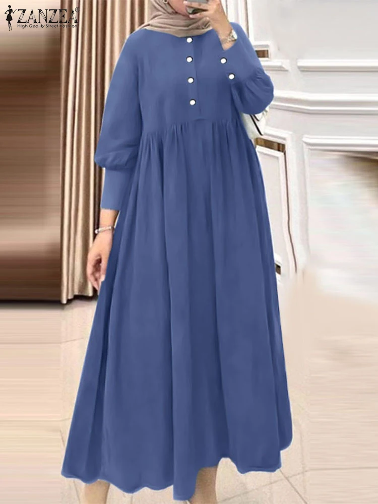 ZANZEA gaun Maxi pertemuan lengan panjang wanita Muslim longgar kasual Vintage Denim biru jubah Abaya Hijab Islam Kaftan Vestidos