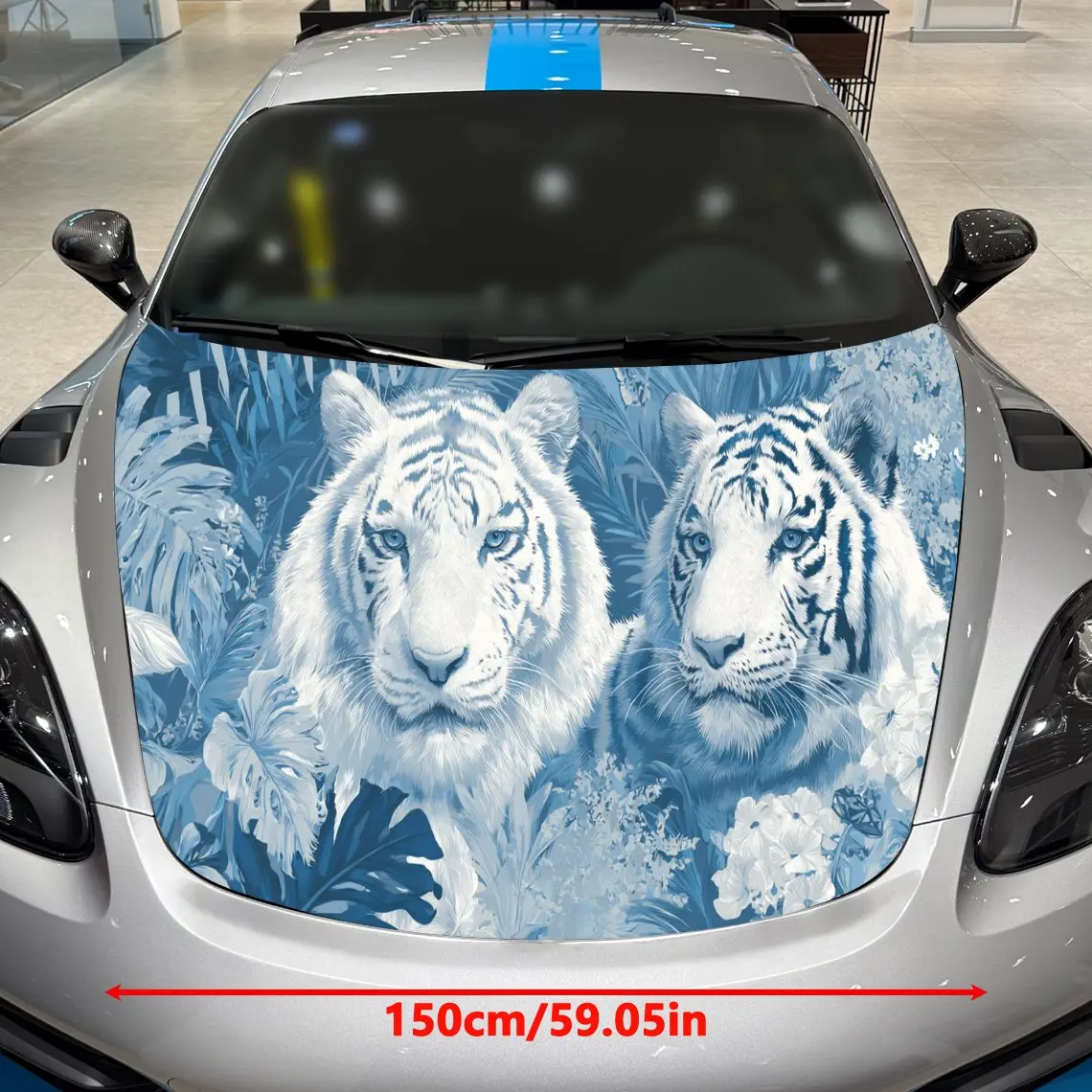 Car Decal Two White Tigers in Icy Blue Tropical-Themed Background & Artistic, Dynamic-Majestic Visual Details Car Hood Sticker,