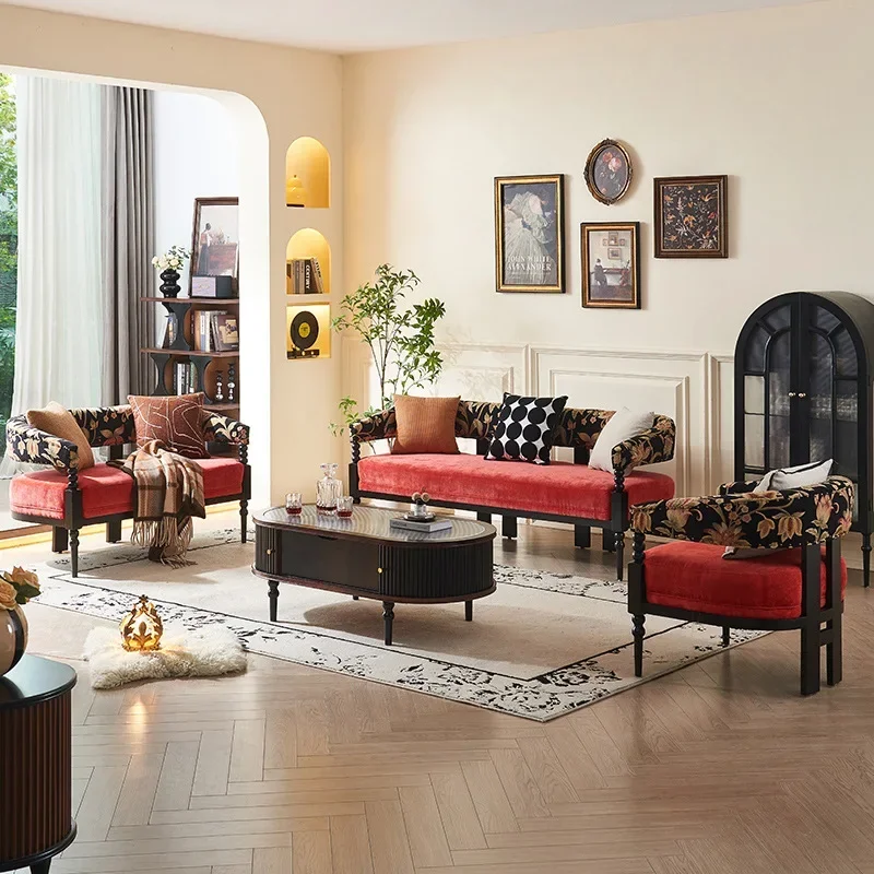 French solid wood sofa coffee table combination, American retro light luxury living room home straight row three-person sofa