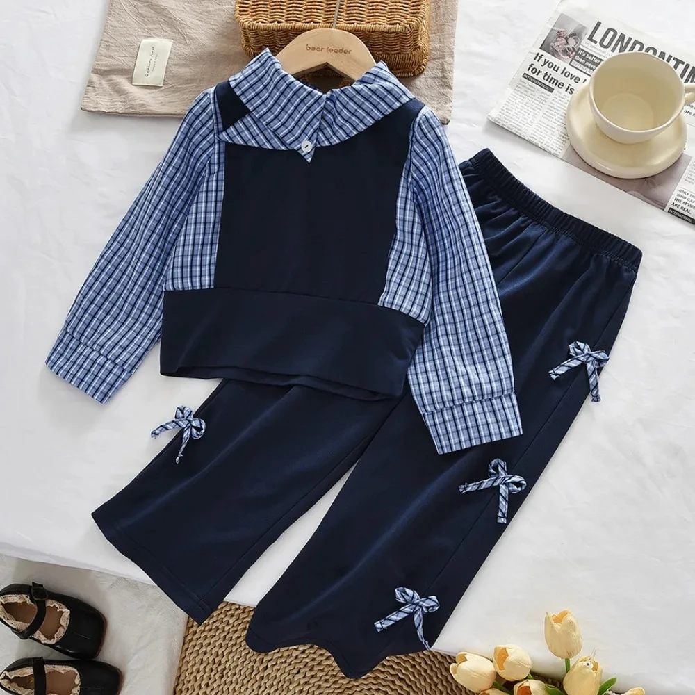 Autumn College Style Fashion Casual Suit with Collar Grid Color Blocked Fake Two Piece Top and Bow Wide Leg Pants  Set