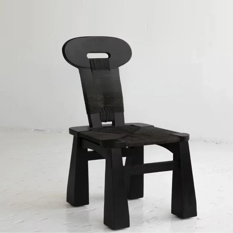 Medieval silent wind solid wood rattan single dining chair designer backrest simple modern stool home leisure chair