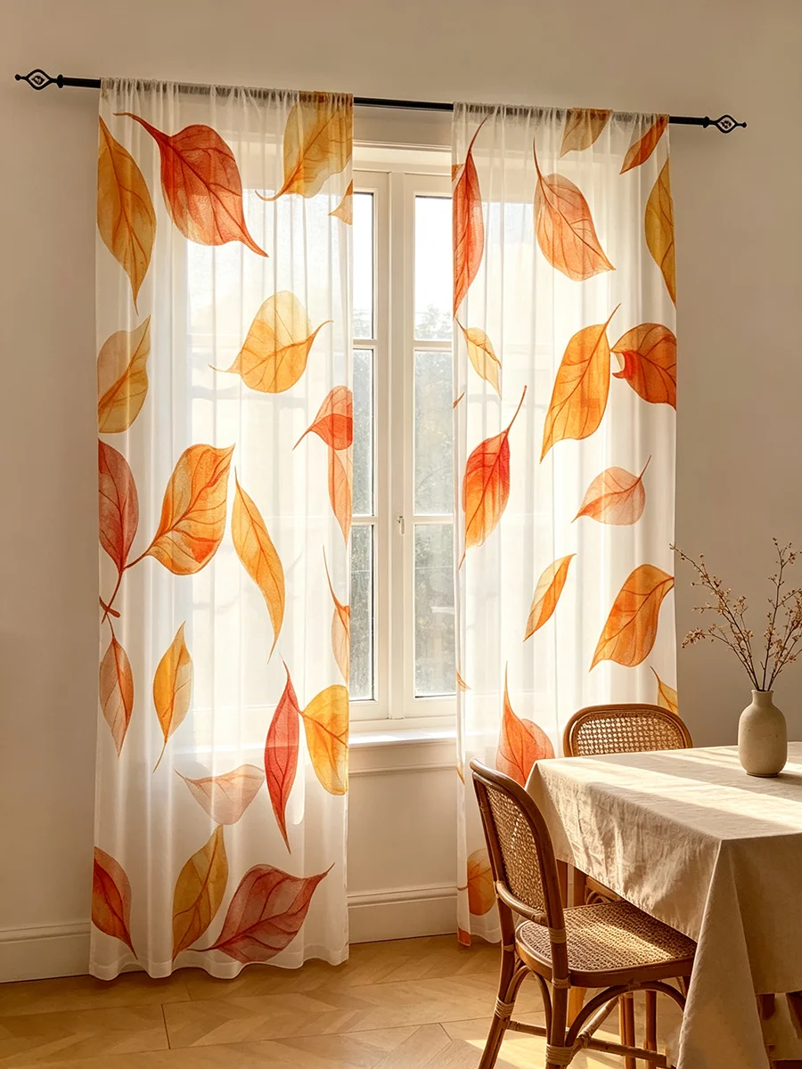 2PCS Digital Print Sheer Curtains, Orange Fall Maple Leaves Pattern, Autumn Window Drapes for Living Room Bedroom Kitchen Decor
