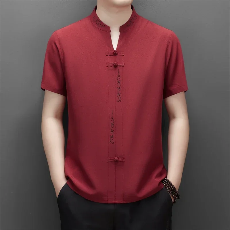 

Мужские рубашки с вышивкой в стиле Тан, с коротким рукавом, повседневные, летние, качественные, гладкие, комфортные, не мнущиеся, Camisas De Hombre