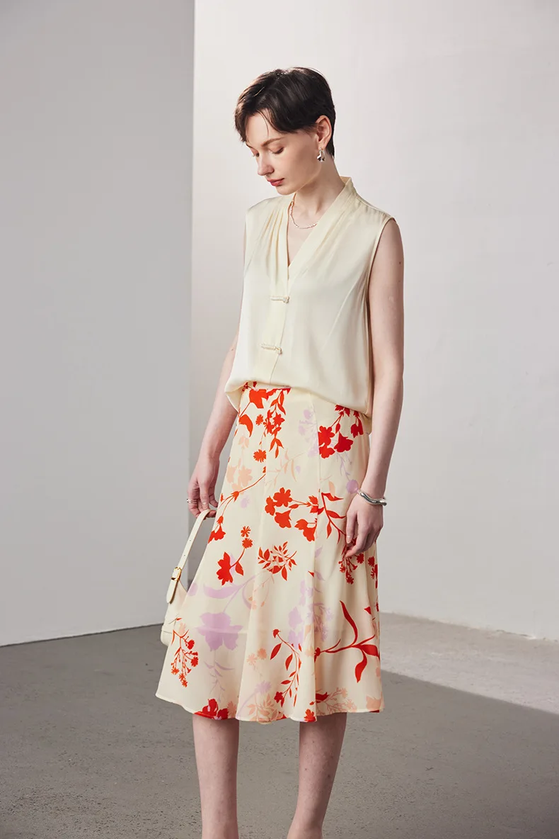 BirdTree-レディース 14 ミリメートル 100% リアルシルクエレガントなスカート、ナチュラルウエスト花柄、レトロパーティートランペットスカート、2025 夏新 B56663CC