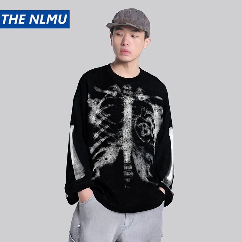 

Мужская футболка с длинным рукавом и принтом скелета в американском стиле, крутая уличная одежда с круглым вырезом и графикой, повседневные пуловеры, топы