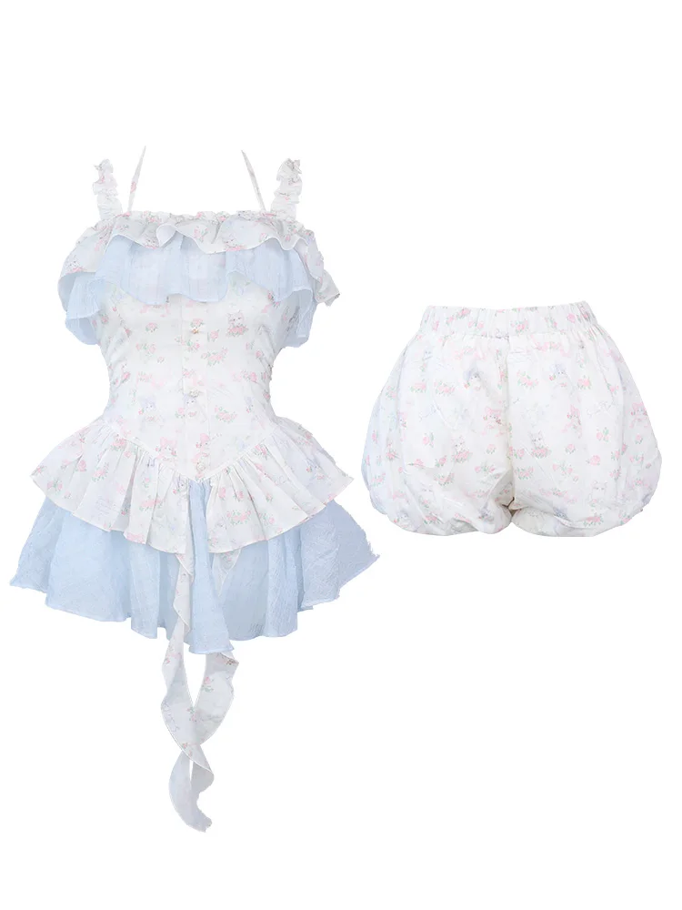 Conjunto de 2 piezas de Lolita estilo japonés para mujer, minivestido Y2k sin mangas con estampado y pantalones cortos de cintura alta, traje Kawaii