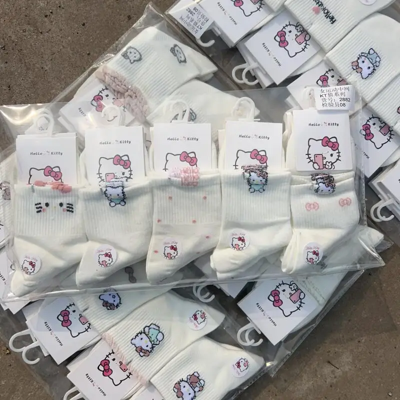 Hellokitty Socks Cartoon Kawaii Spring and Summer Style Women Mesh Breathable Small Fresh Mid Tube Socks Sports White Socks