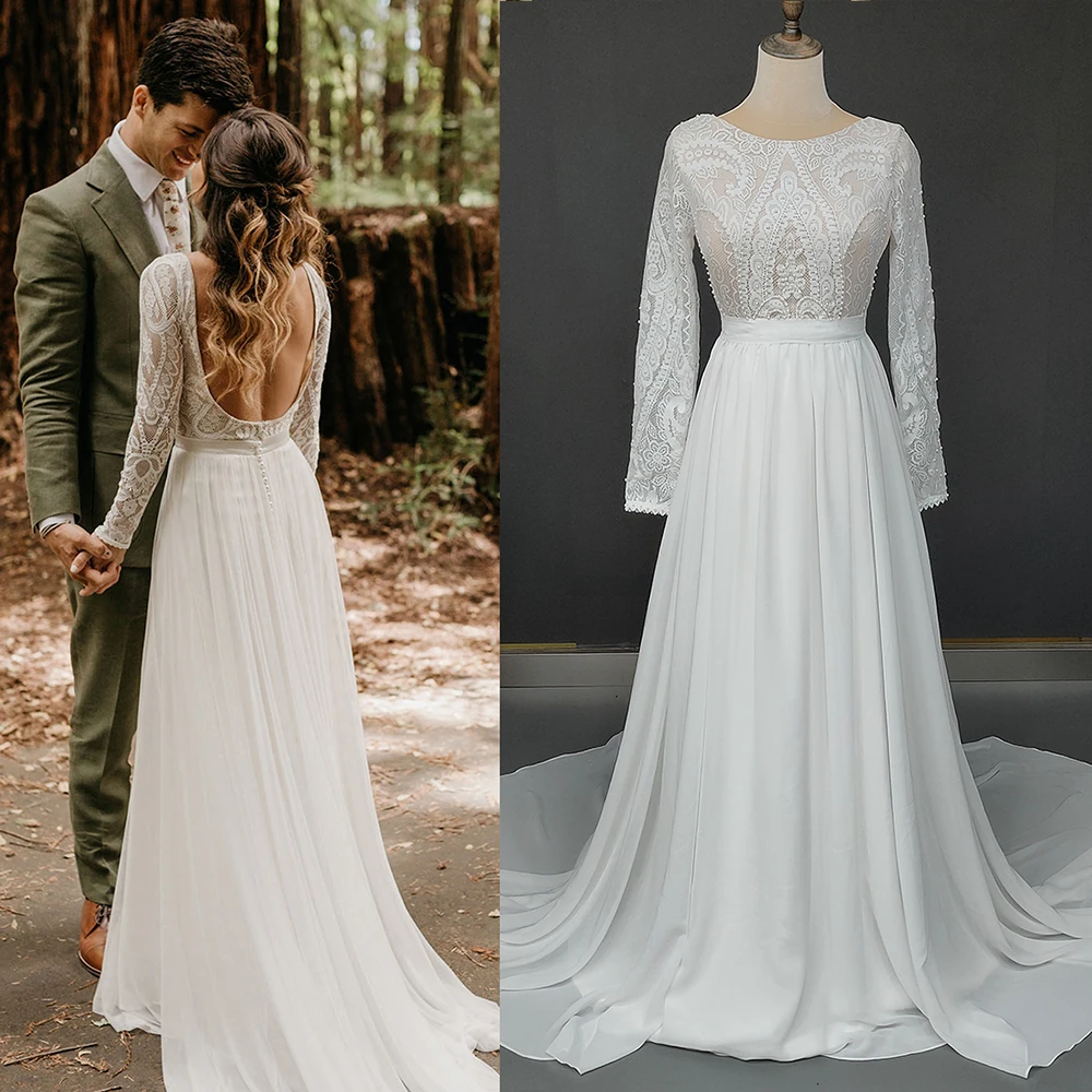 Bohemian Chiffon Rustic Outdoor Wedding Dress Backless Buttons Up Soft Beach Woodlands Long Sleeves Pearl Scoop Bridal Gowns