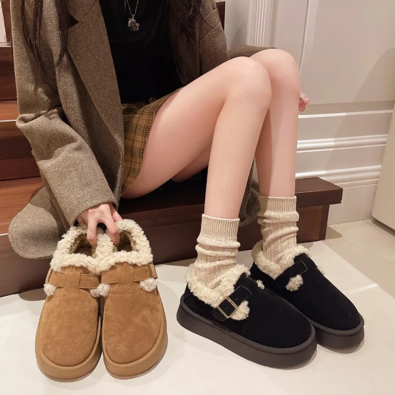 Nieuwe Stijl Winter Damesschoenen Pluche Mode Retro Bonenschoenen Katoen Dames Zool Slipper Platform Vrouwen Laars Zapatos Mujer