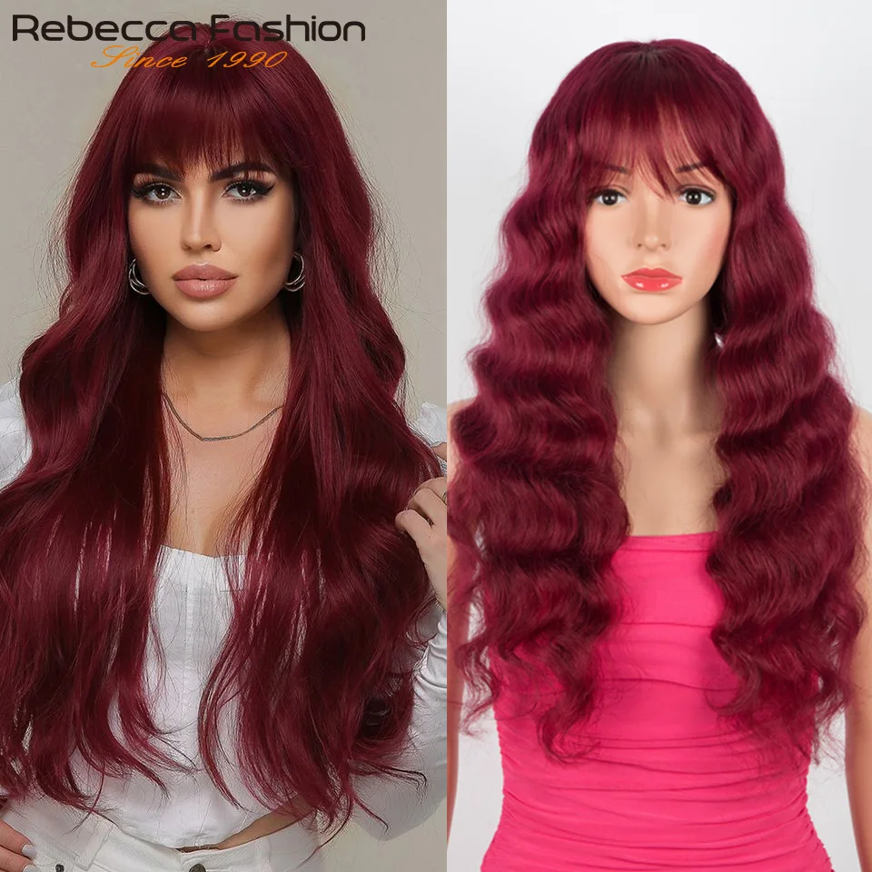 

Glueless Burgundy Loose Wavy Human Hair Wigs With Bangs Loose Deep Wave Body Wave Human Hair Bangs Wigs No Lace No Glue