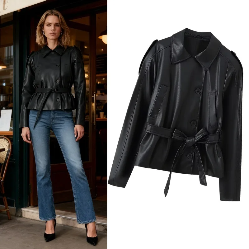เสื้อแจ็คเก็ตหนังคุณภาพสูงสำหรับผู้หญิง พร้อมเข็มขัด แจ็คเก็ตบอมเบอร์ เสื้อโค้ทฤดูใบไม้ผลิและฤดูใบไม้ร่วง เสื้อโค้ทหนัง PU เสื้อผ้าผู้หญิง