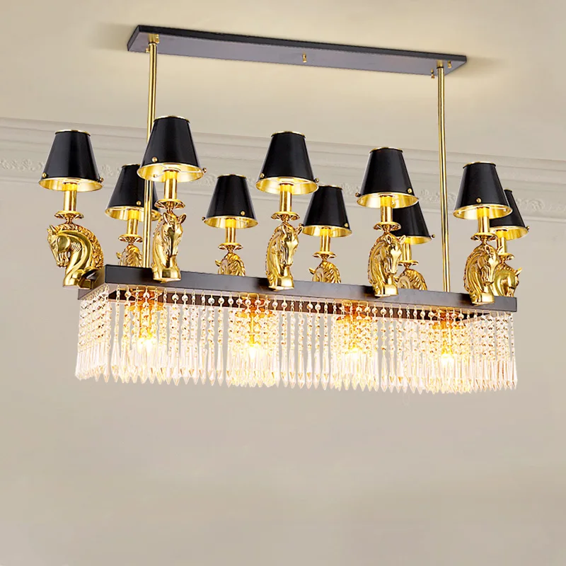 Elegant French Rectangle Brass Crystal Chandelier For Dining Room European Design Kitchen Banquet Hall Copper Pendant Light