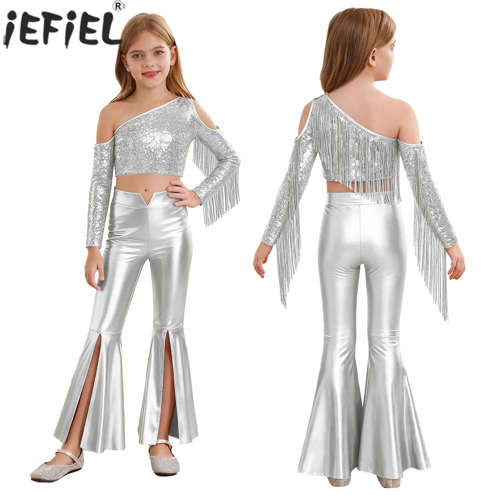 Kids Girls Jazz Disco Dance Costume Tassels Shiny Sequins Crop Top Metallic Flare Pants Movie Character Princess Cosplay Clothes