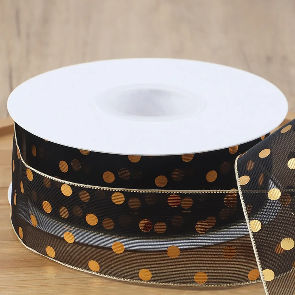 10 Yards/Roll 2.5/4cm Gold Foil Polka Dot Sheer Organza Ribbon for Flower Wrapping DIY Bows Gift Decors DIY Crafts Sewing Trim