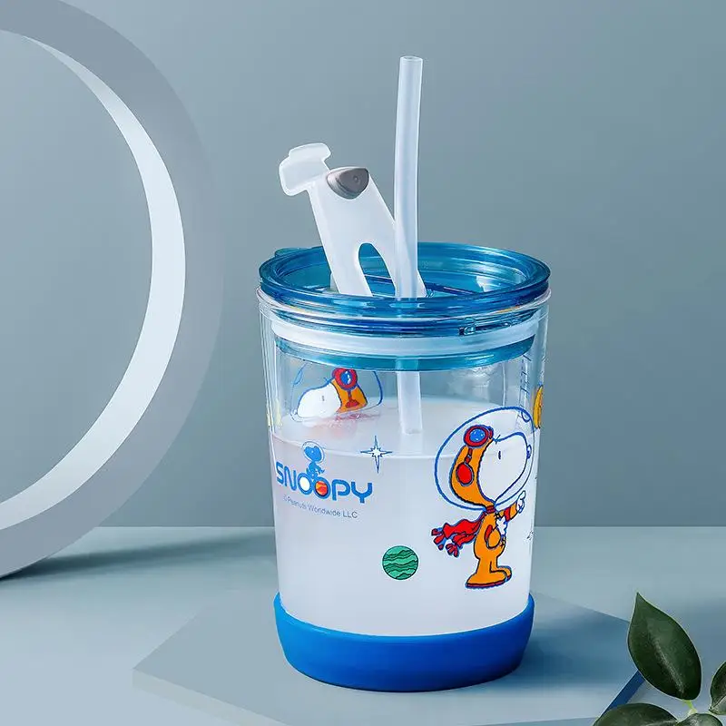 Kawaii Snoopyed Woodstock Cartoon Straw Cup Children\'s Milk Cup Handle Scale Cup Breakfast Cup Heat Resistant Glass Material