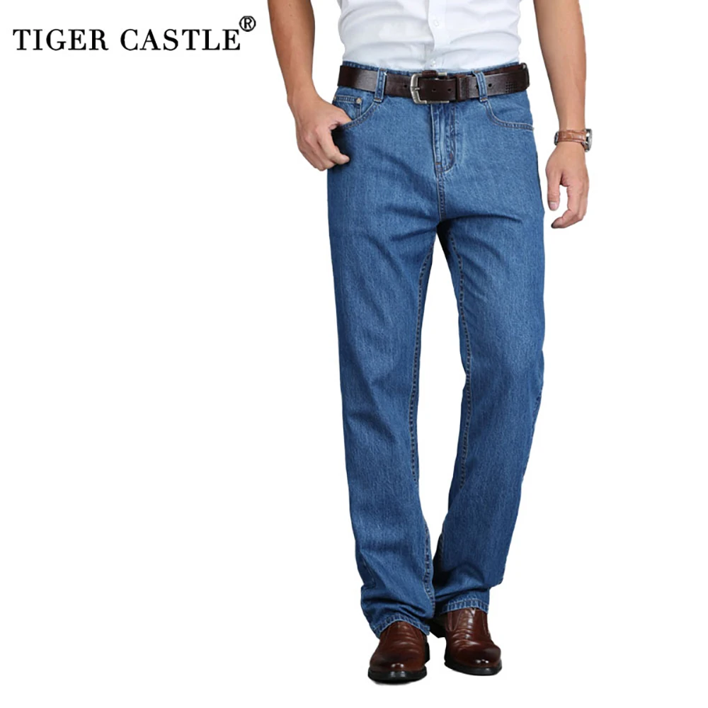 TIGER CASTLE-Jean classique en denim bleu pour homme, pantalon long et droit, de qualité, léger, 100% coton, collection été