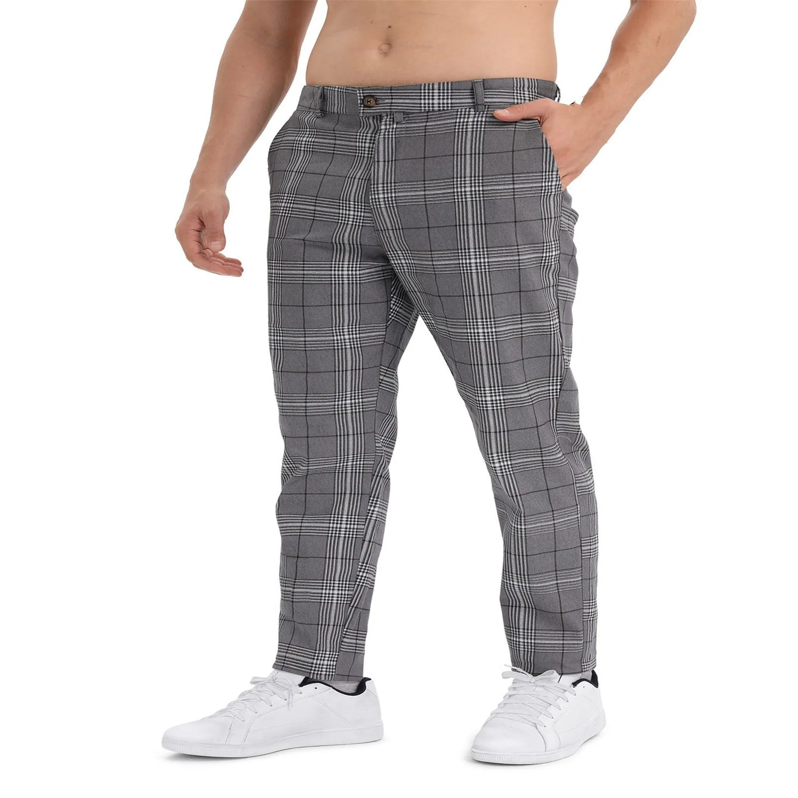 Pantalon à carreaux coupe slim droit long pour hommes avec poches, bas de travail, jogging sportif, travail de bureau, printemps, été