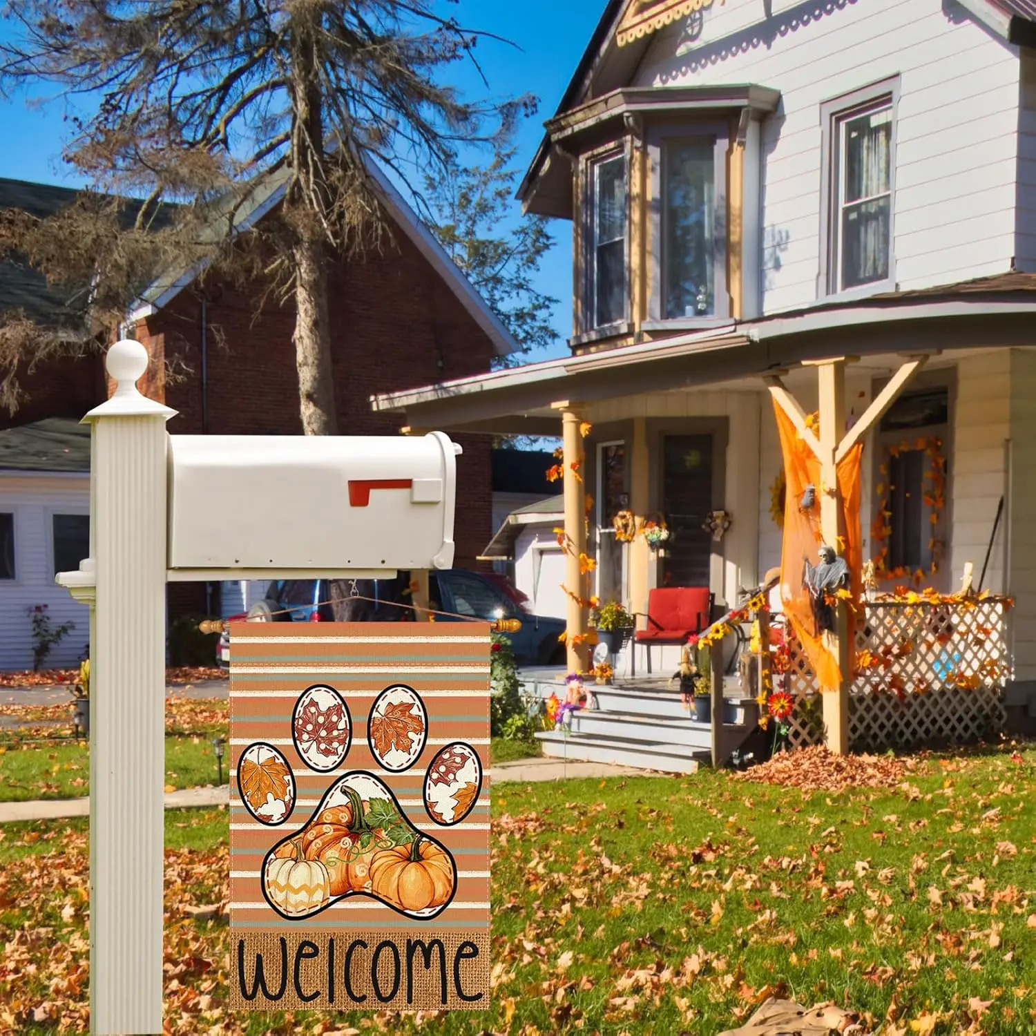 Fall Welcome Dog Paws Watercolor Pumpkins Maple Leaves Autumn Garden Flag Yard Flag 12x18 Inch Double Sided Small Mini Yard  zzo