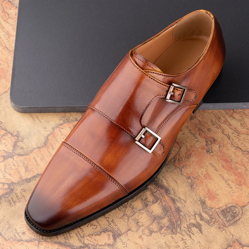 Men\'s Leather Shoes Wedding Office Dress Oxford Pointed Toe Shoe Fashion Classic Handmade Leather Monk Buckle Strap Loafers Shoe