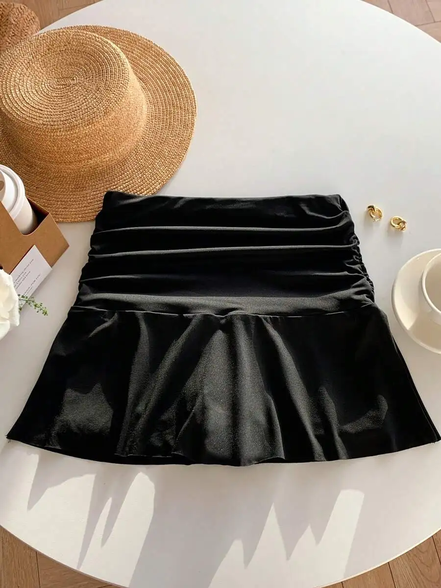 

Black Solid Ruched Skirt with Ruffle Hem, Satin Finish, Mini Length