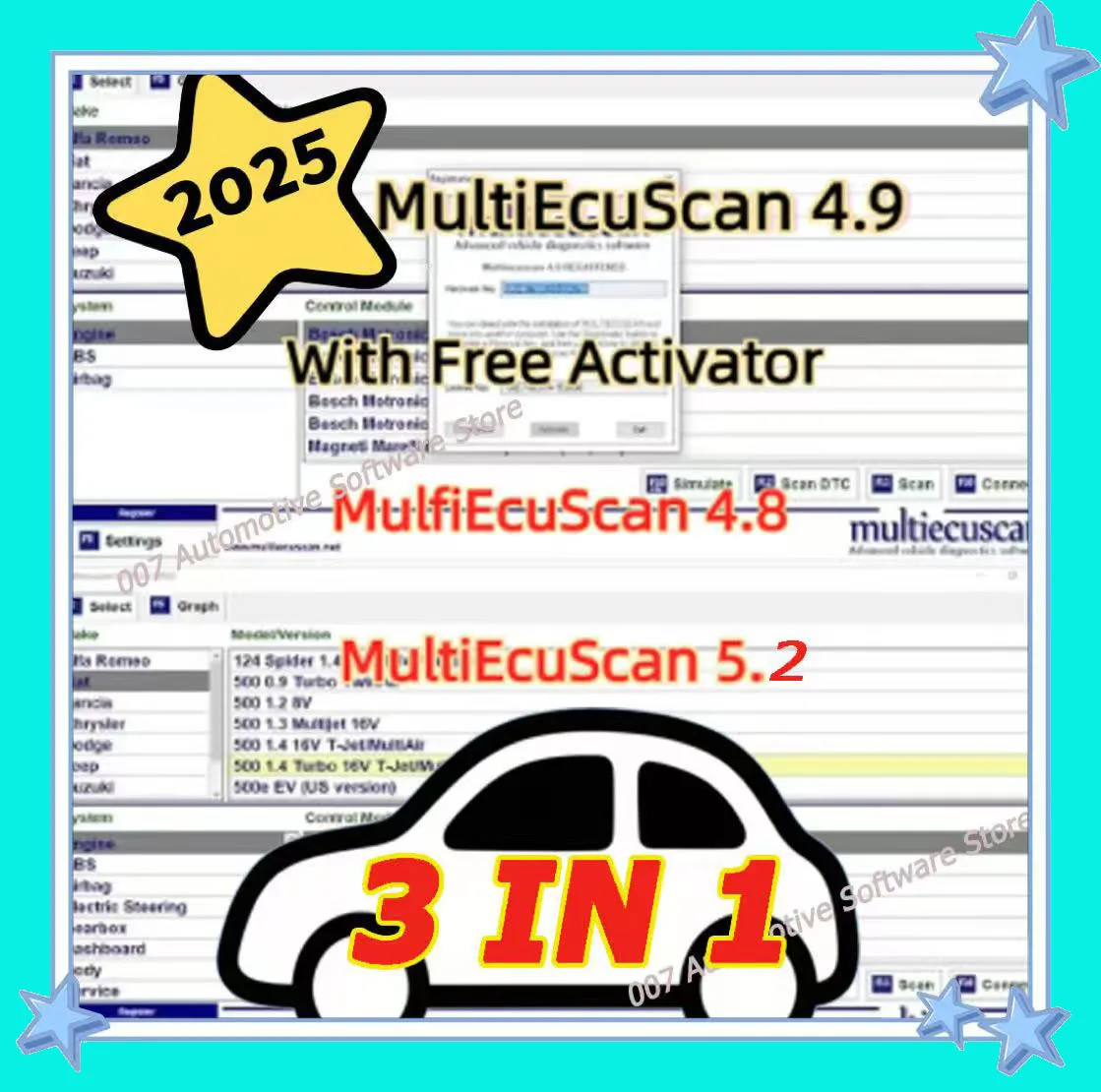 

Multiecuscan V4.8 V4.9 V5.2 Scanner for Fiat Chrysler Dodge Jeep Suzuki - ELM327Flat Adapter Included - Unlimited Registered Use