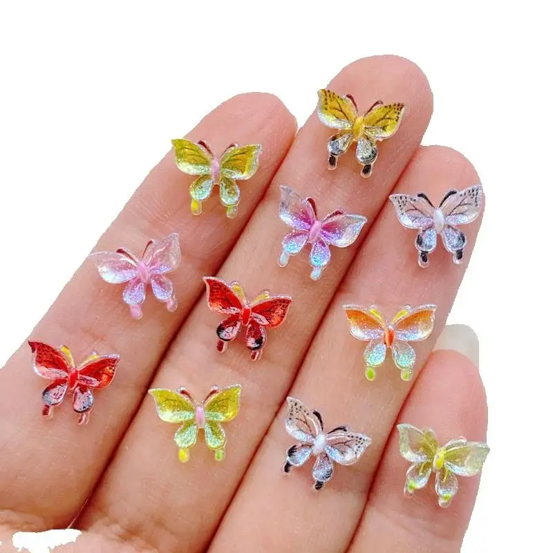 50 Stück Neue Niedliche Mini 9*11mm Glänzende Schmetterling-Harz-Cabochons mit Flacher Rückseite für Schmuckherstellung und Haaraccessoires