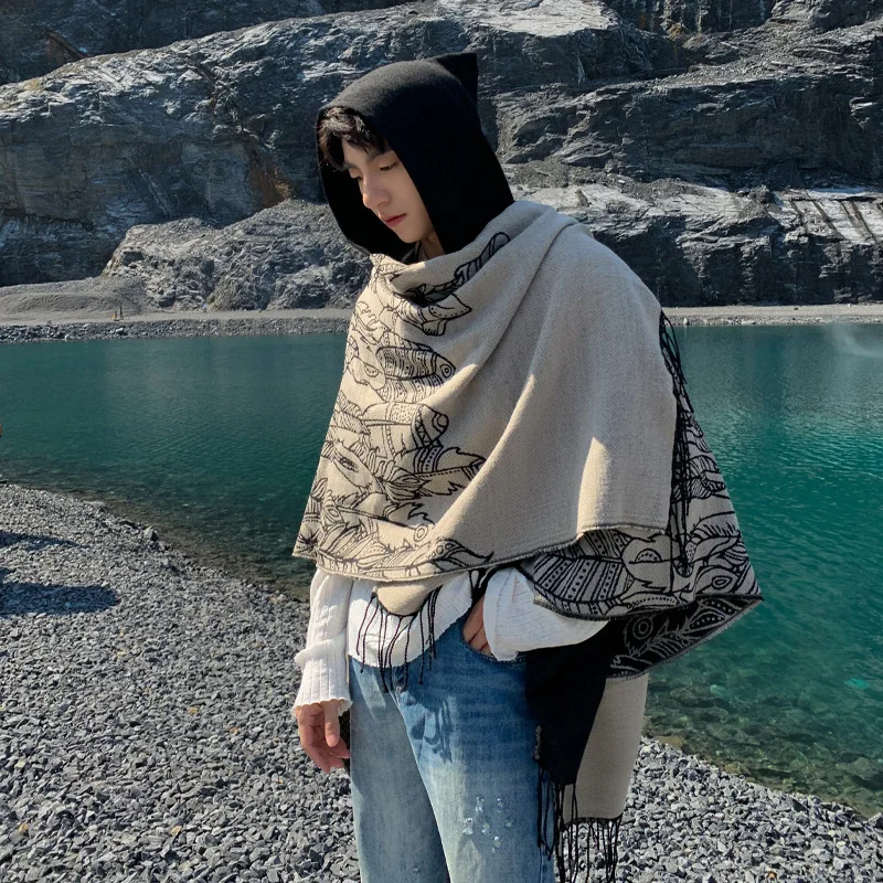 Capa de otoño e invierno para hombre, capa con capucha de Cachemira de imitación de viaje, chal étnico cálido de doble cara, bufanda, tendencia P1