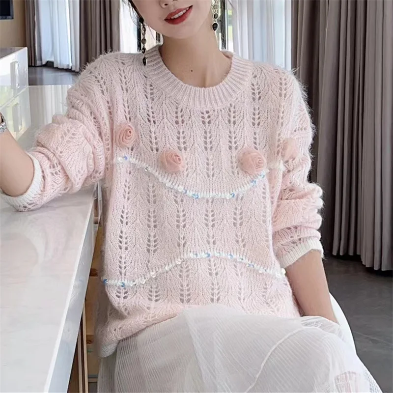 Women Clothing 2022 Spring Autumn New Three Dimensional Flower Candy Color Soft Sweater Round Neck Gentle Loose Women Pullover