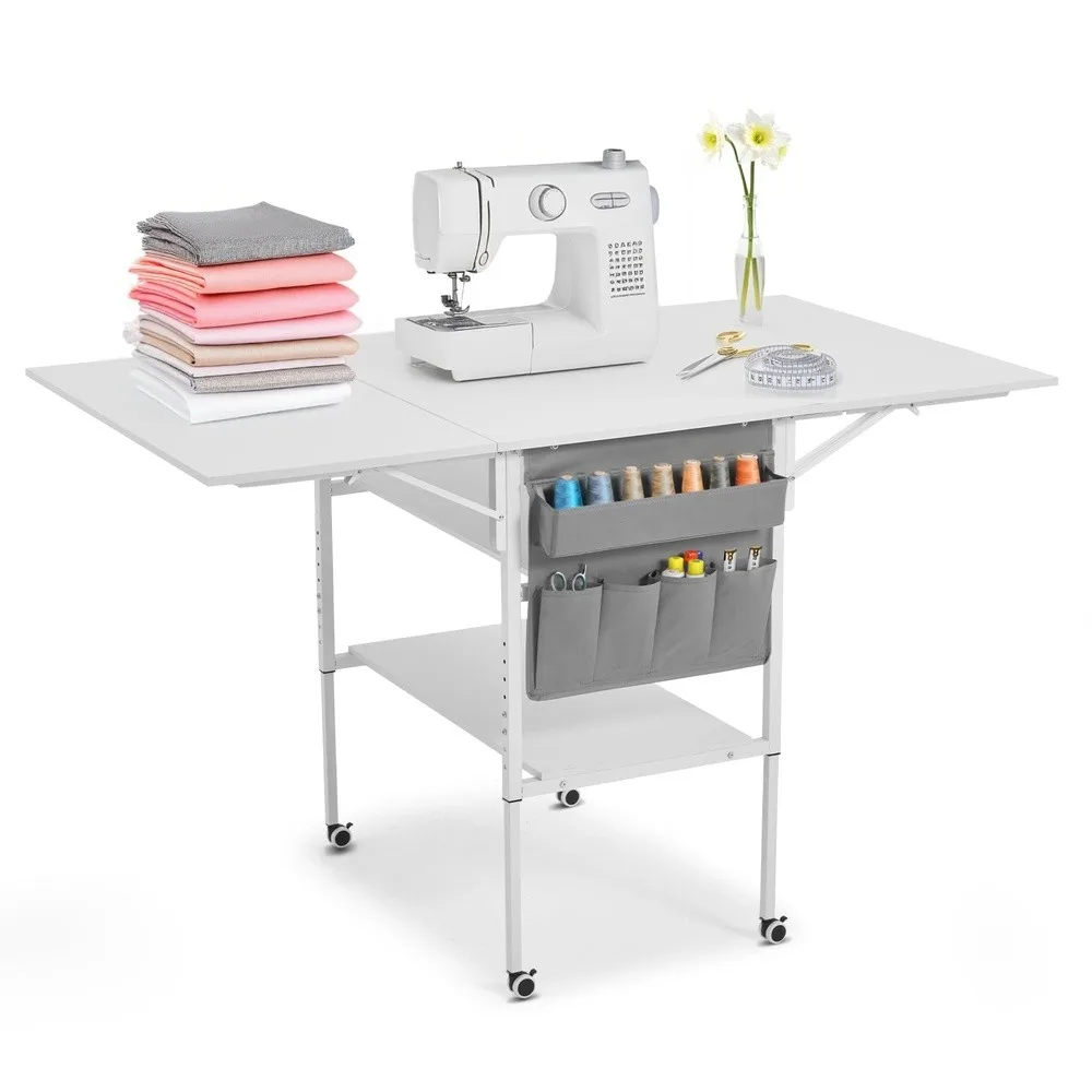 Height Adjustable Sewing Table with Storage Shelves and Storage Bag Mobile Folding Cutting Table for Large Fabric