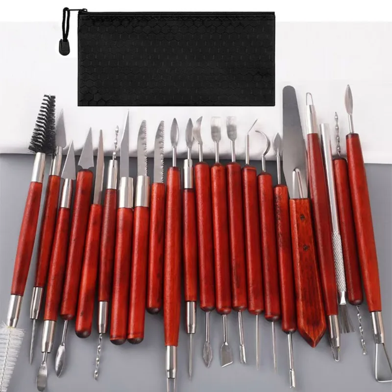 

23Pcs/set Ceramics Repair Sculpting Pottery Tools with Zipper Bag Molding Tool Red Wood Handle Cutters for Polymer Clay Crafting