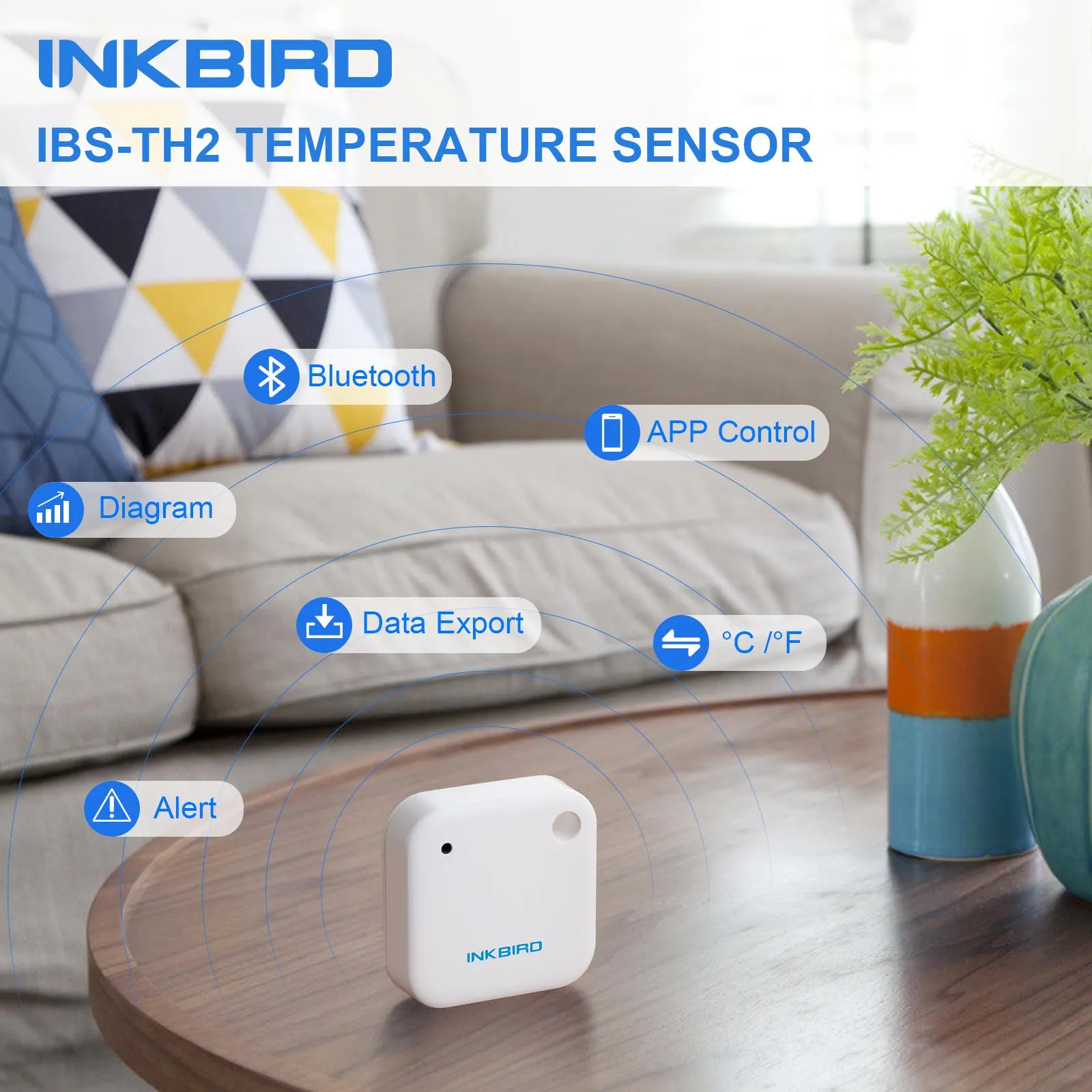 INKBIRD IBS-TH2 Smart Temperature and Humidity Sensor IPX4 Bluetooth Thermometer and Hygrometer Logger for Food Storage Brewing