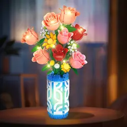 Flowers Bouquet Building Set with Vase & LED- Botanical Mini Blocks Toy Roses Daisies Home Office Decor Gifts for Mother's Day