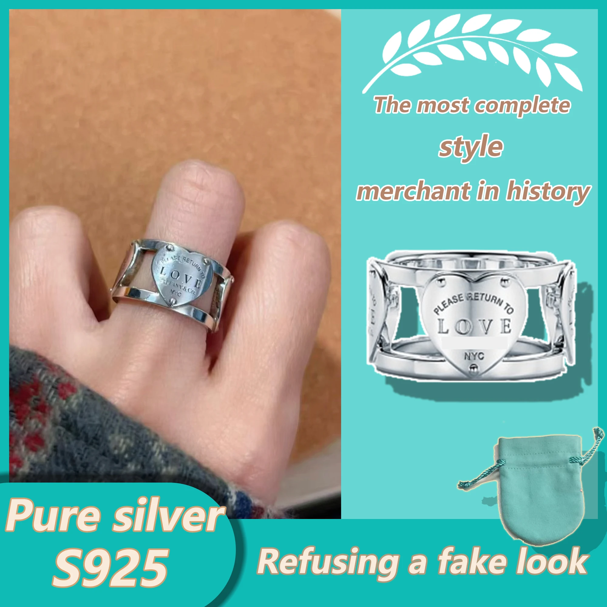 

Wide version sweet heart hollow ring sterling silver S925 fashionable smooth neutral niche ring Retum to series holiday gift