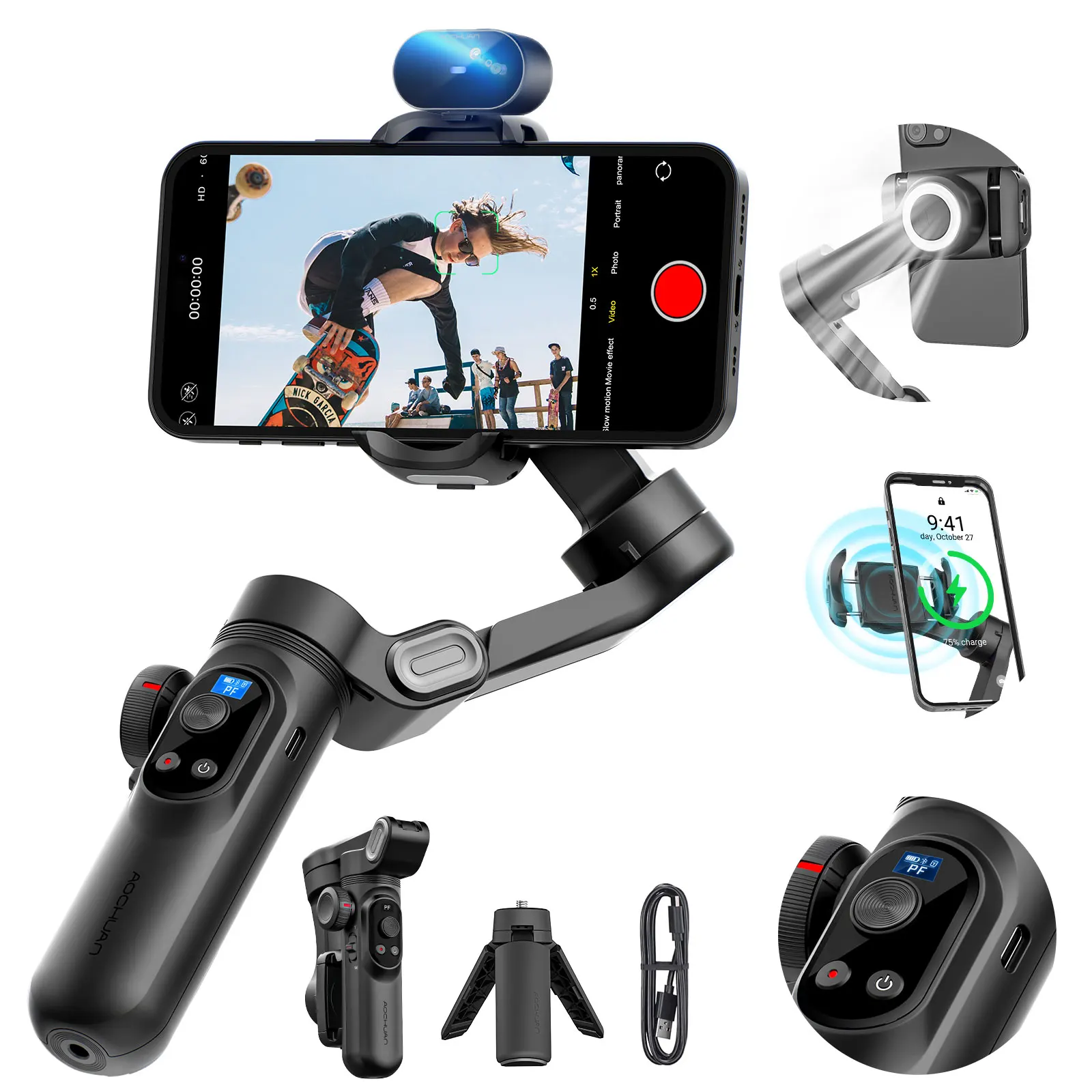 AOCHUAN Smart XPro AI Black Smartphone Gimbal Stabilizer 3-axis Stabilizer for iPhone&Android  Tracking Sensor(No App)